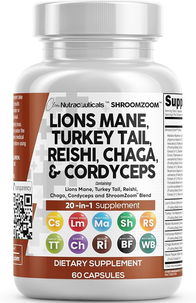 Clean Nutraceuticals Lions Mane 20in1 Mushroom Supplement with Turkey Tail Reishi Cordyceps Chaga... | Amazon (US)