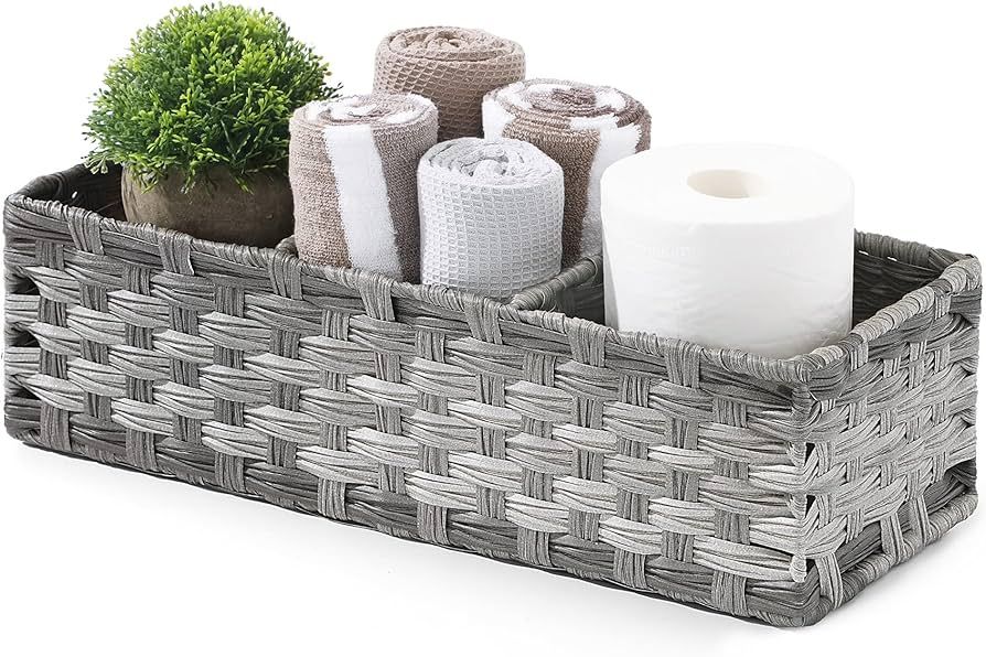 [Larger Compartments] Toilet Tank Topper Paper Basket - Multiuse Hand Woven Plastic Wicker Basket... | Amazon (US)