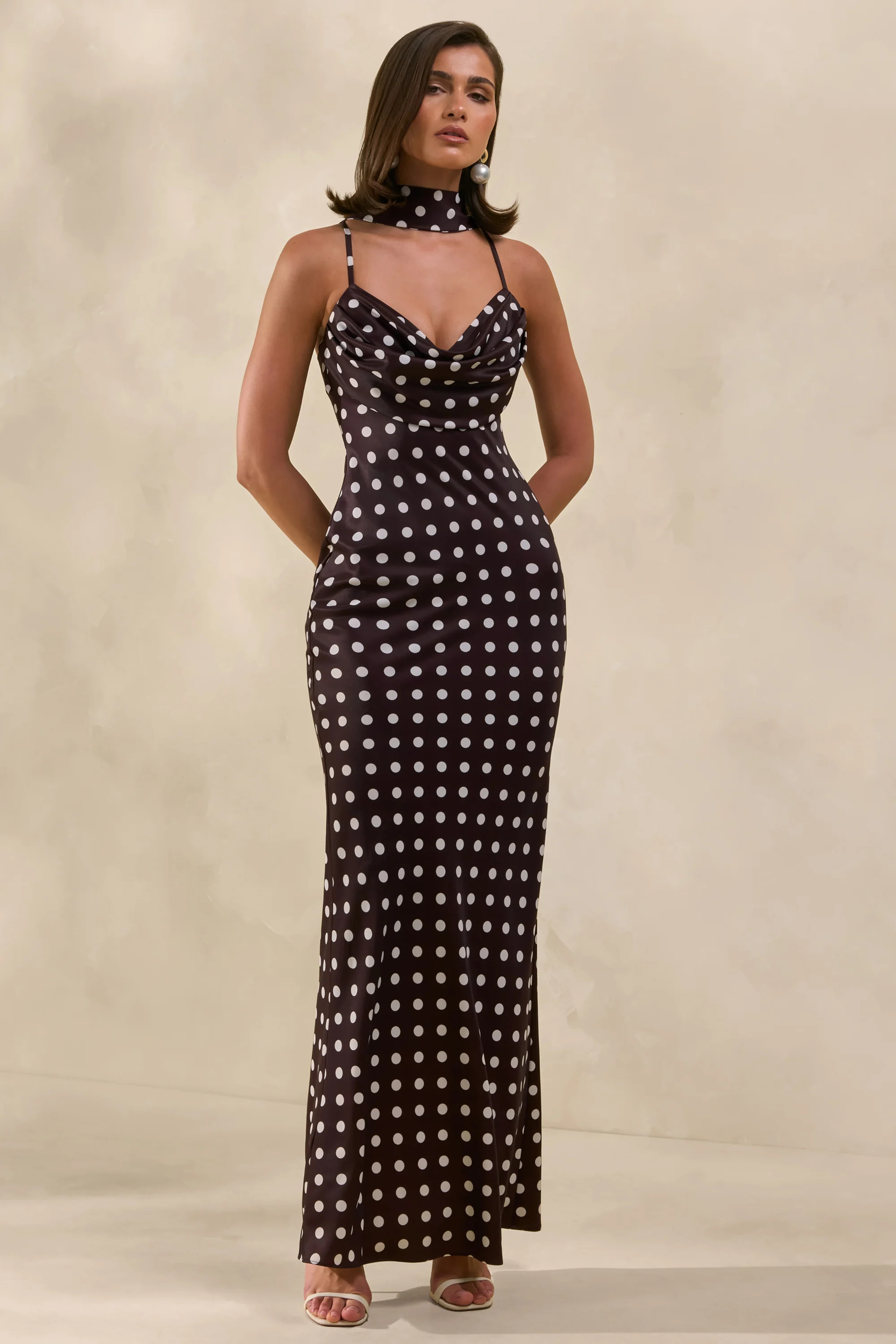 Emaria | Brown Polka-Dot Satin Cowl-Maxi Dress With Scarf | Club L London
