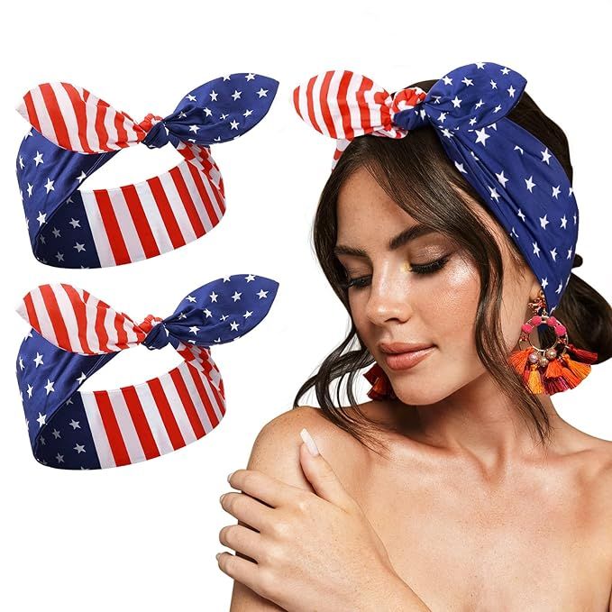 Canlierr 2 Pack American Flag Bandanas USA Flag Headband Patriotic Headband Red White and Blue US... | Amazon (US)