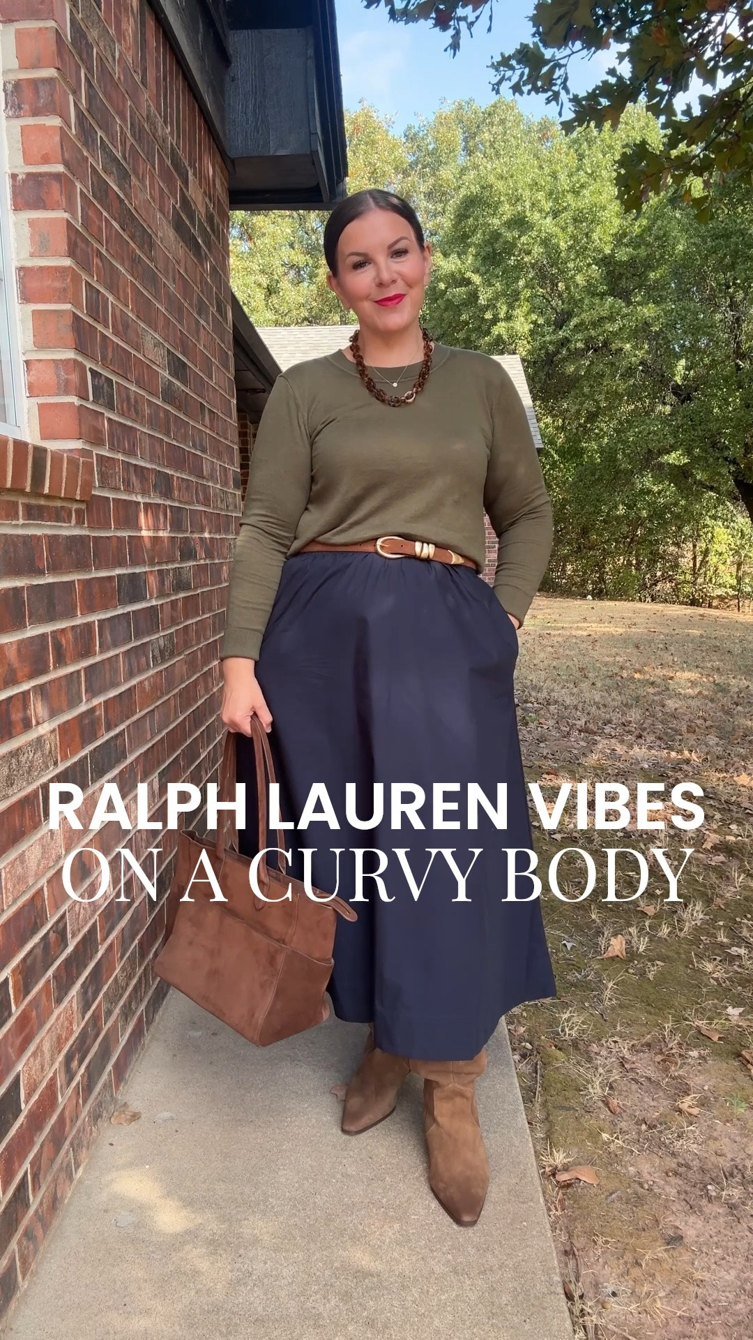 This Quince fall outfit has major Ralph Lauren vibes for a lot less! The cotton midi skirt and cotton cashmere blend crewneck sweater are classic pieces you can style again and again. Wearing XL in both. I styled this with my favorite extra wide calf boots in brown suede!  

 #LTKootd #LTKOver40 #LTKMidsize