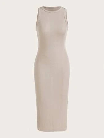 SHEIN EZwear Solid Ribbed Knit Bodycon Dress | SHEIN
