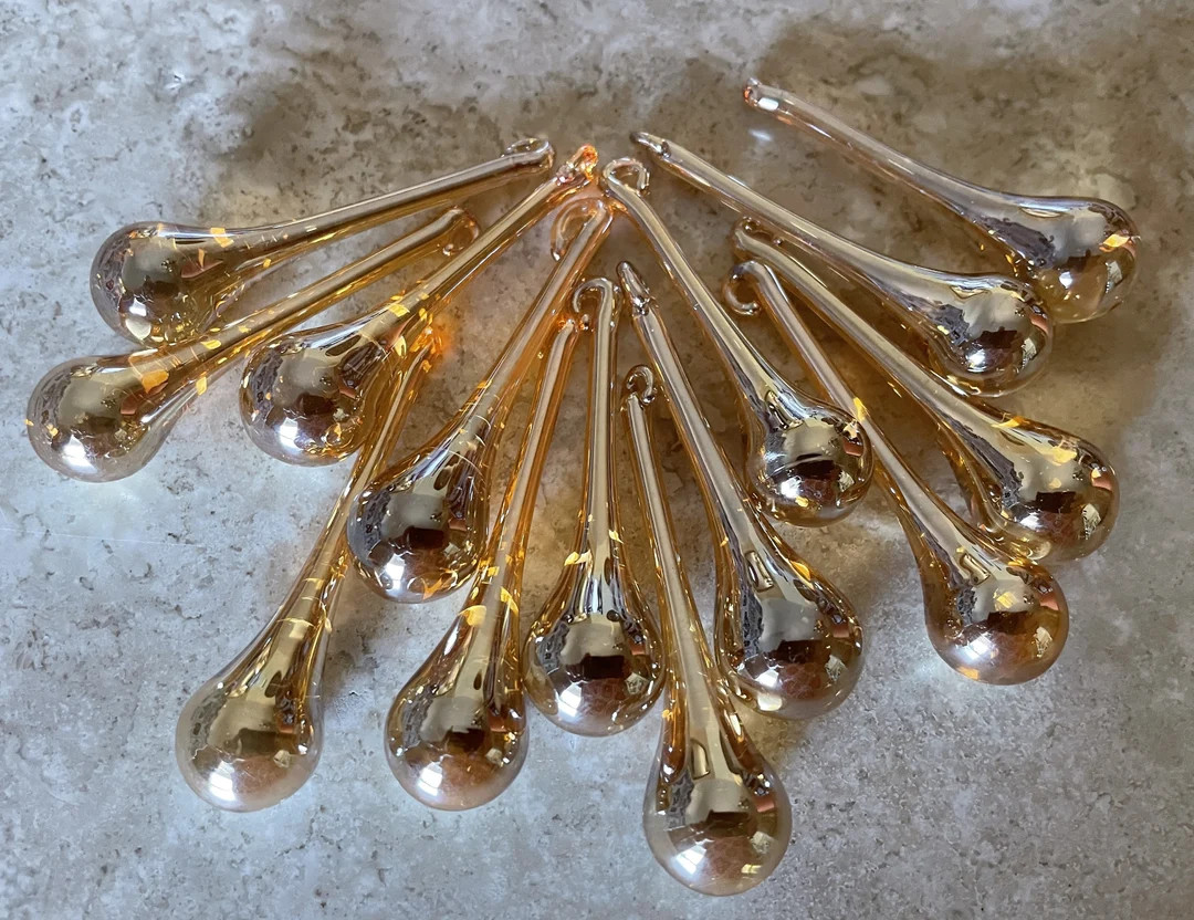 Handmade Iridescent Champagne Glass Raindrop Ornaments 2 3/8" Set of 14, Gold Glass Christmas Orn... | Etsy (US)