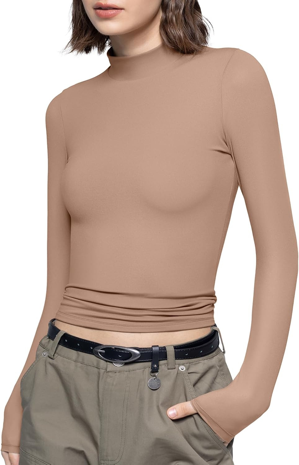 PUMIEY Women's Long Sleeve T Shirts Mock Turtleneck Slim Fit Tops Sexy Basic Tee Smoke Cloud Pro Collection | Amazon (US)