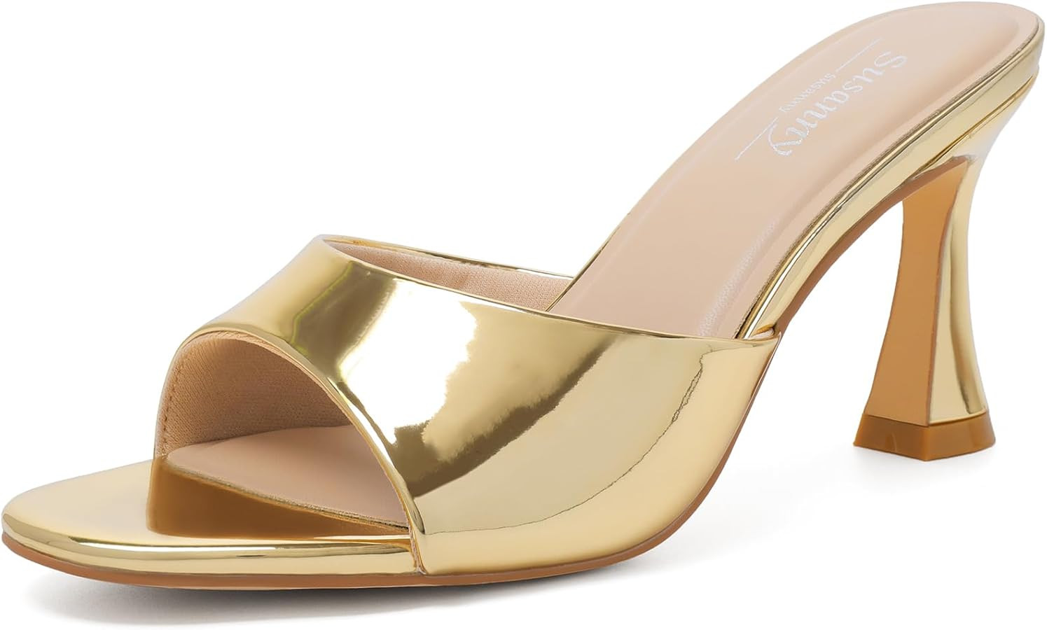 Amazon.com | Susanny Gold Mule Heels for Women Kitten Heeled Round Open Toe Sexy Sandals High Hee... | Amazon (US)