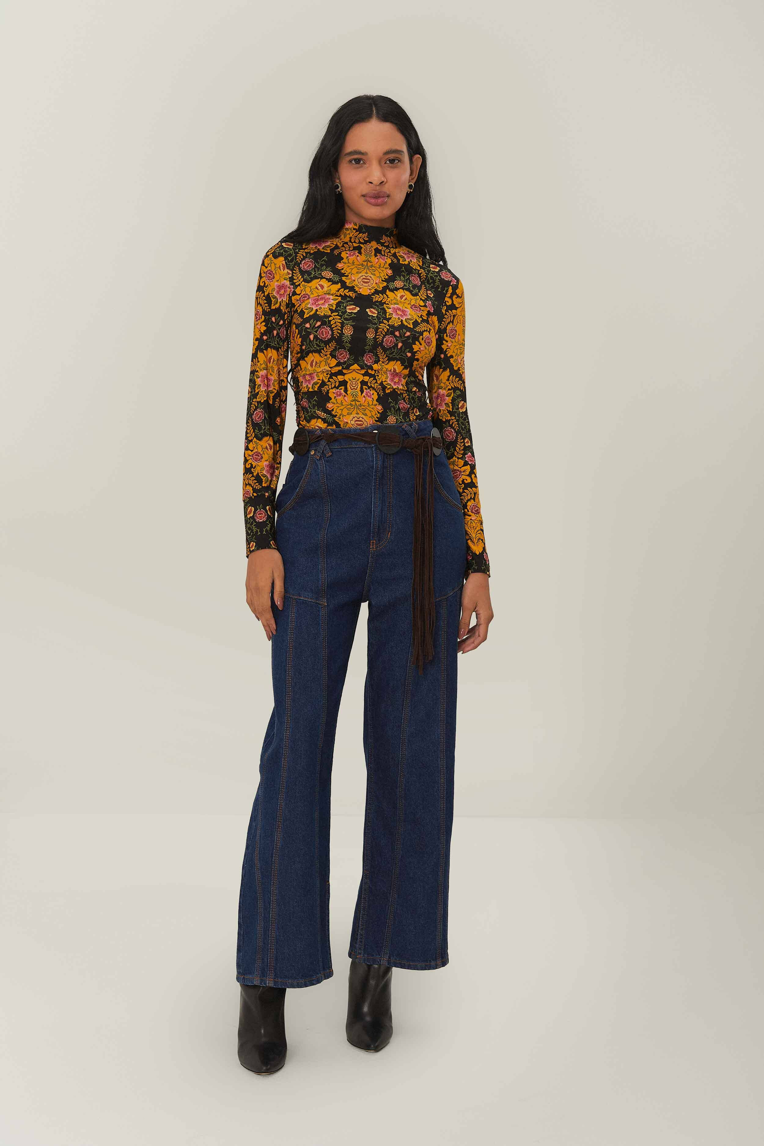 Black Arabesque Floral Jersey Blouse | FarmRio (US)