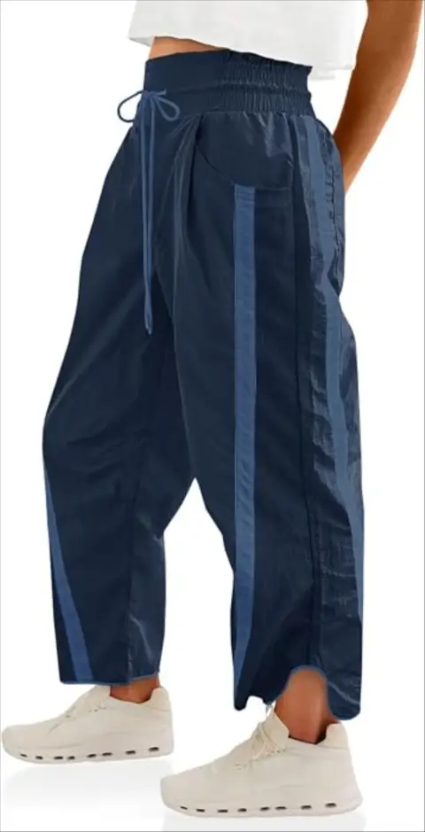 Fisoew Women's Baggy Wide Leg Pants Casual Drawstring Elastic Waisted Contrast Color Workout Y2K ...