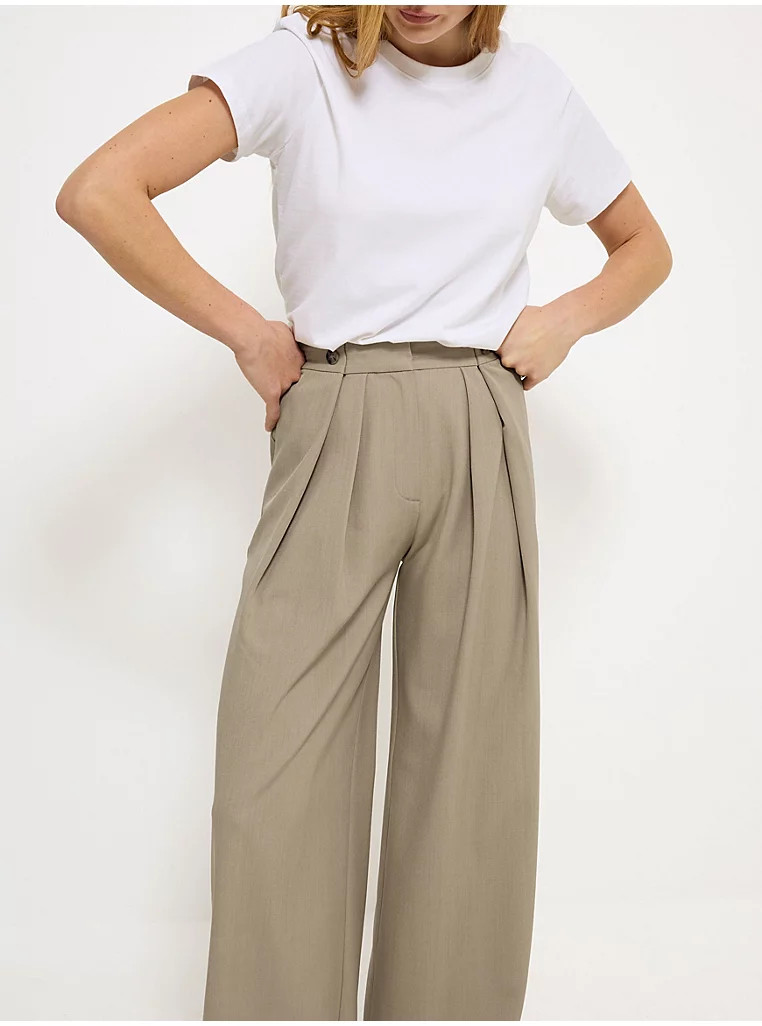 Taupe Double Pleat High Waisted Wide Leg Trousers | George