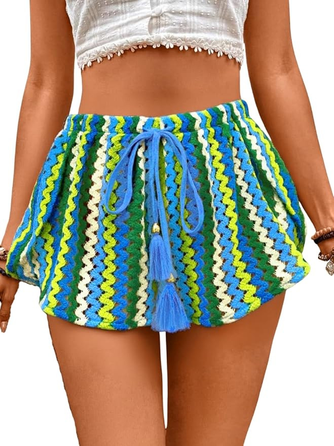 Kaei&Shi Striped Crochet Shorts,Boho Swimsuit Coverup for Women,Summer Beach Vacation Bottoms | Amazon (US)