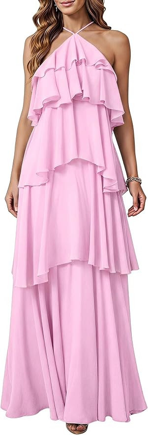 SOLY HUX Women's Wedding Guest Dress Sundresses Ruffle Layered Halter Backless Flowy Formal Maxi ... | Amazon (US)