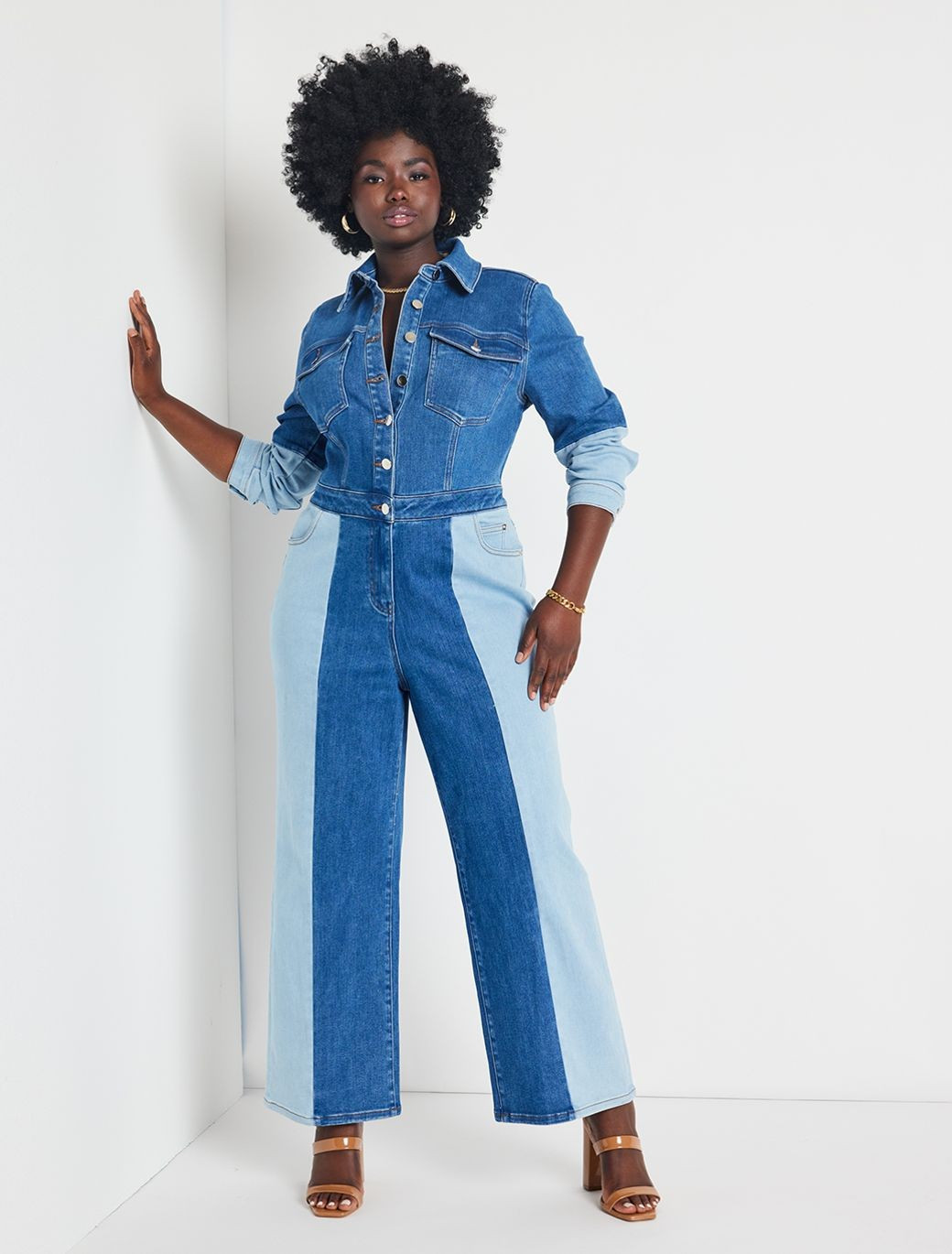 Colorblocked Denim Jumpsuit | Women's Plus Size Dresses | ELOQUII | Eloquii
