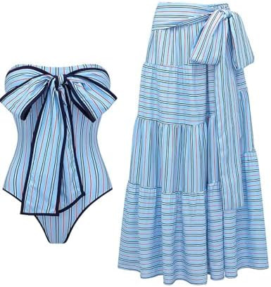 Women's One Piece Multi-Way Striped Lace Up Bow Tie One Piece Swimsuit and Skirt | Amazon (US)