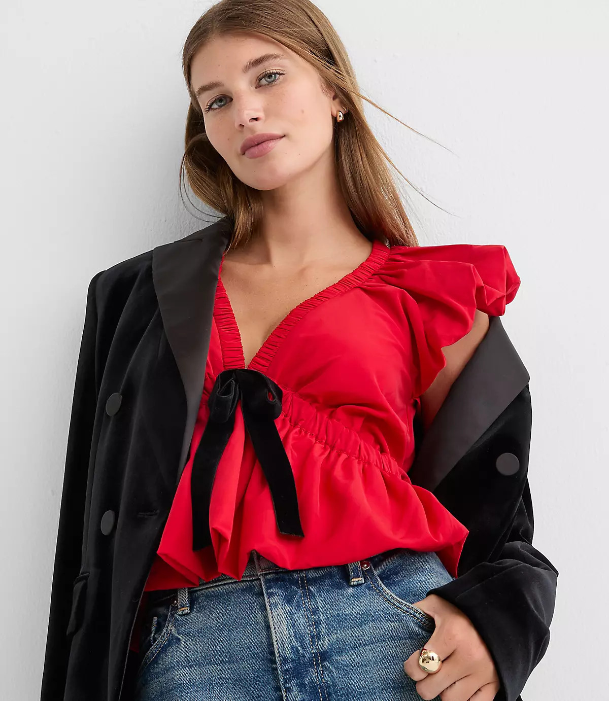 Velvet Bow Flutter Peplum Top | LOFT