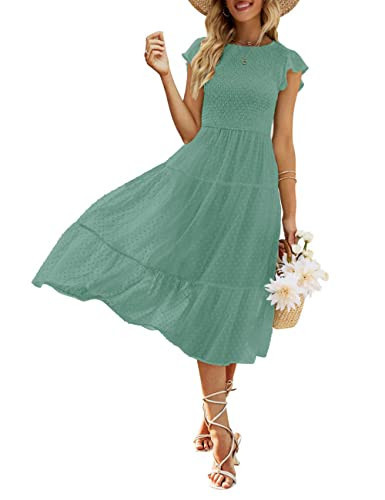 MEROKEETY Women's Ruffle Cap Sleeve Smocked Midi Dress Swiss Dot Round Neck Flowy Tiered Dress,Green,M | Amazon (US)