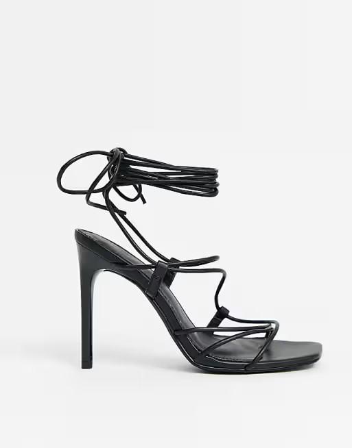 ASOS DESIGN Non Stop strappy tie leg heeled sandals in black | ASOS (Global)