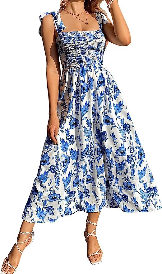 Floerns Women's Summer Boho Floral Print Tie Strap A Line Long Maxi Dress | Amazon (US)