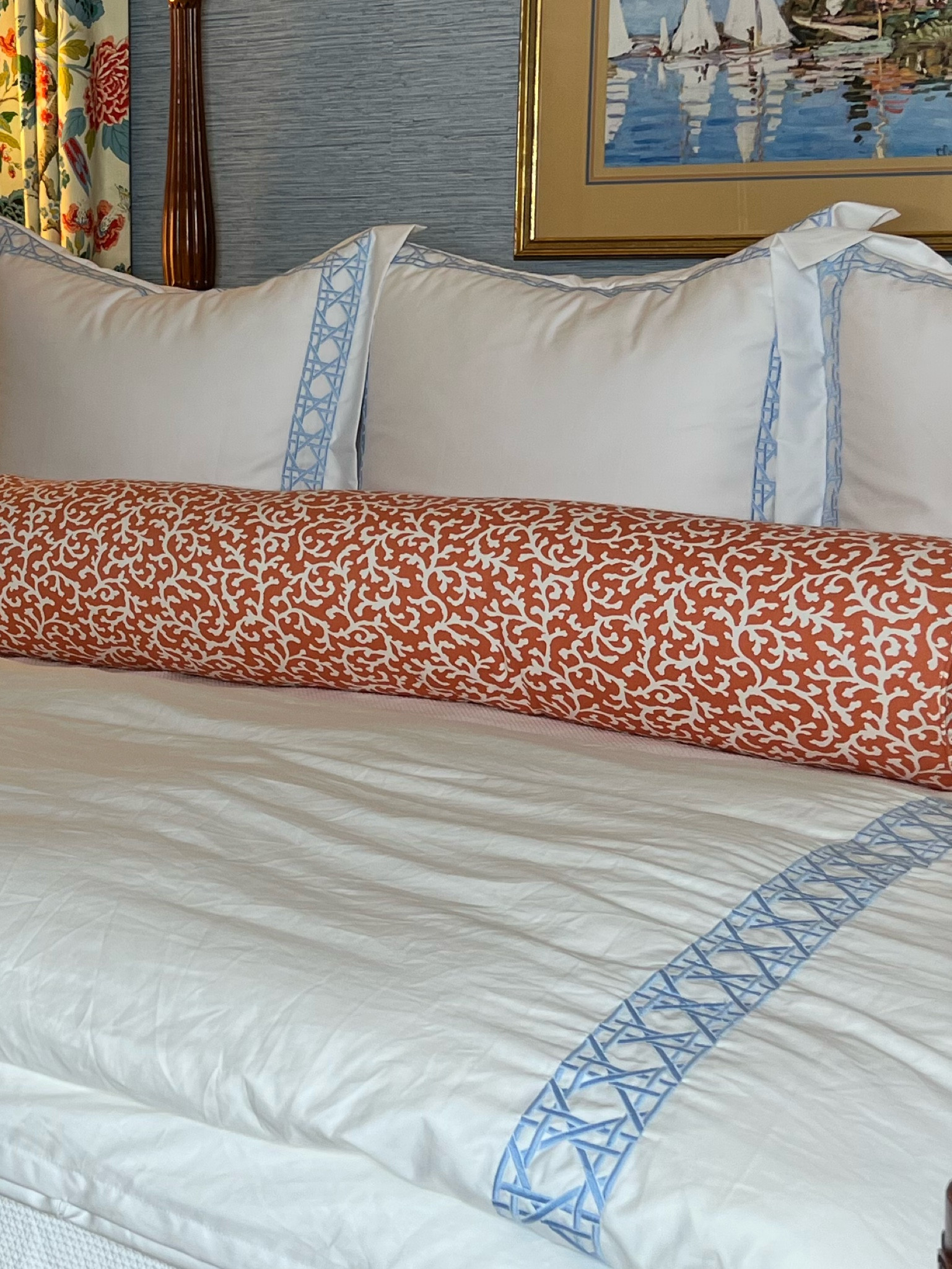 Crisp white shams and duvet with a touch of peaceful blue! Excellent sale today! 