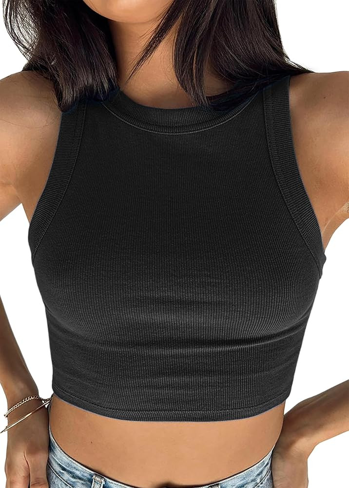 iGENJUN Women Tank Tops Ribbed High Neck Sexy Sleeveless Cute Crop Top Racerback Summer Tops Tren... | Amazon (US)
