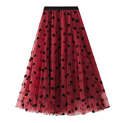 Dirholl Women's A-Line Fairy Patterned Elastic Waist Ruffle Tulle Layered Midi Skirt Heart Red | Amazon (US)