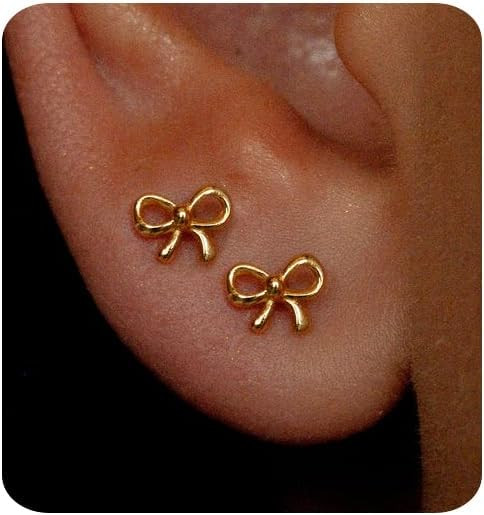 Gold Earrings for Women 14K Gold Stud Earring Dainty Minimalist Simple Small Bow Earrings Jewelry... | Amazon (US)