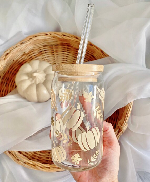 Gold Pumpkin Beer Can Glass Iced Coffee Glass Fall Leaves - Etsy | Etsy (US)