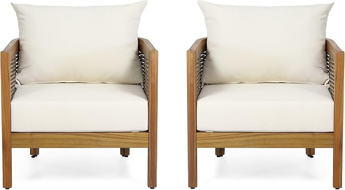Christopher Knight Home Burchett Outdoor Acacia Wood Club Chairs with Cushions, Beige, Brown | Amazon (US)
