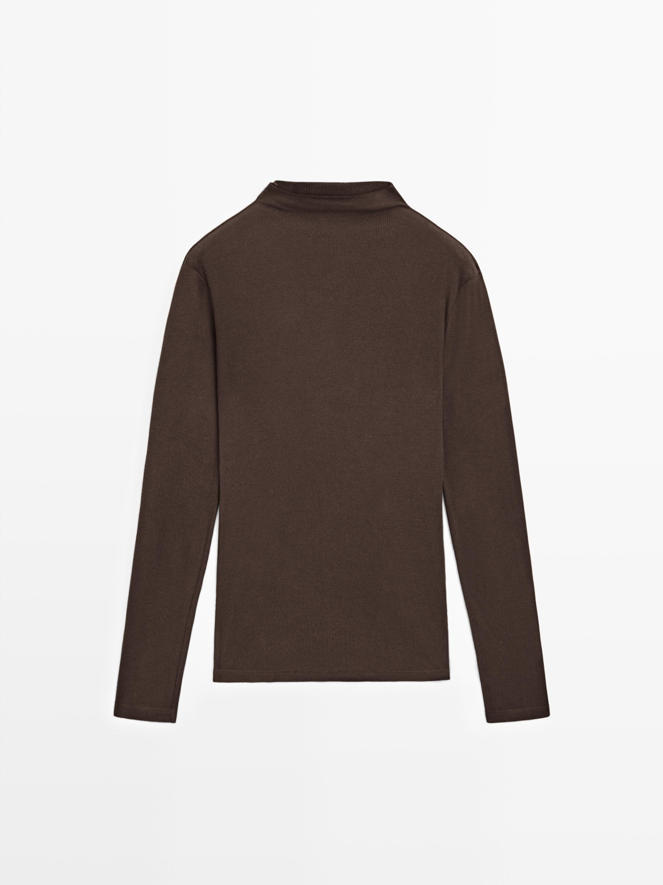 Geribd katoenen T-shirt met lange mouw | Massimo Dutti NL