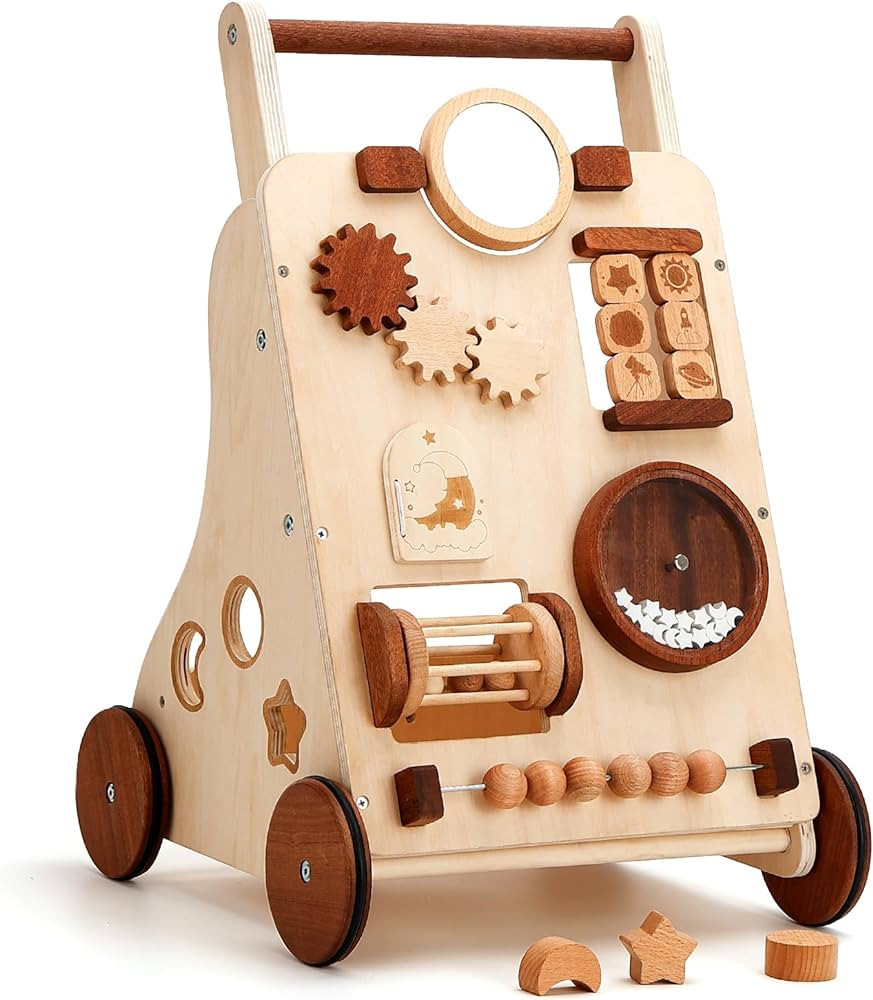 Wooden Baby Walker, Adjustable Push and Pull Learning Activity Center Walker Toy, Natural Wood Si... | Amazon (US)