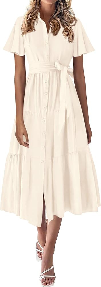 KIRUNDO Summer Button Down Wedding Guest Shirt Dresses for Women Maxi Flutter Short Sleeve Flowy ... | Amazon (US)