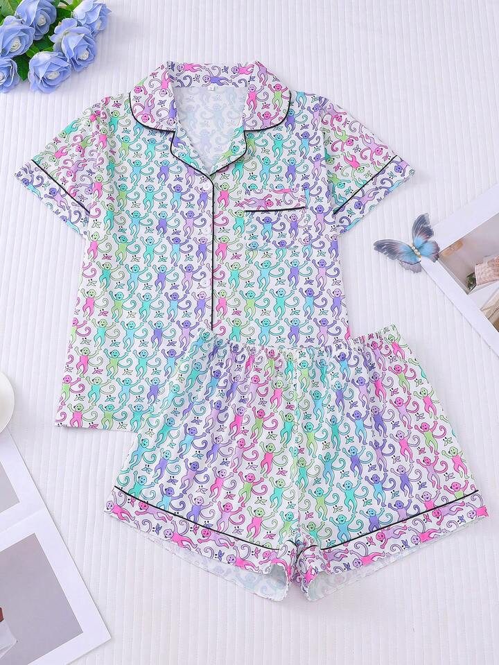 2Pcs Monkey Print Women Pajamas Set, Casual Short Sleeve Collared Button Shirt And Loose Elastic Shorts, Comfortable Sleepwear & Loungewear For All Seasons | SHEIN