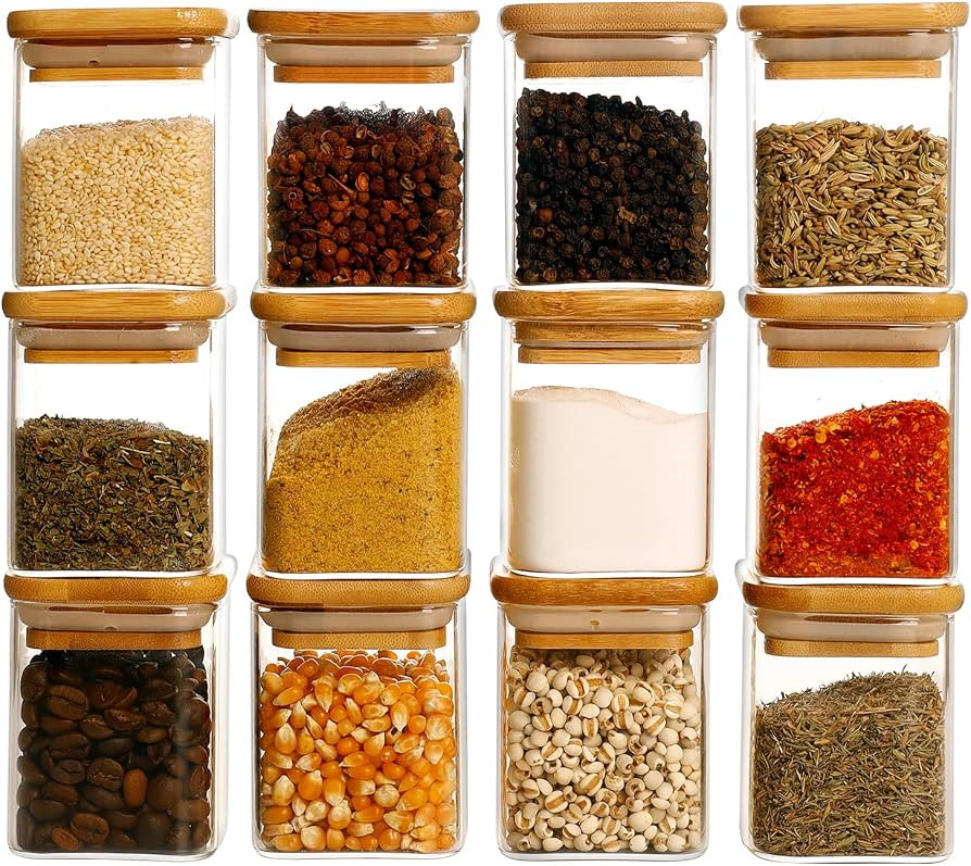 12 Pcs Square Glass Spice Jars with Natural Bamboo Lids - 5oz Airtight Herb Containers with 148 W... | Amazon (US)