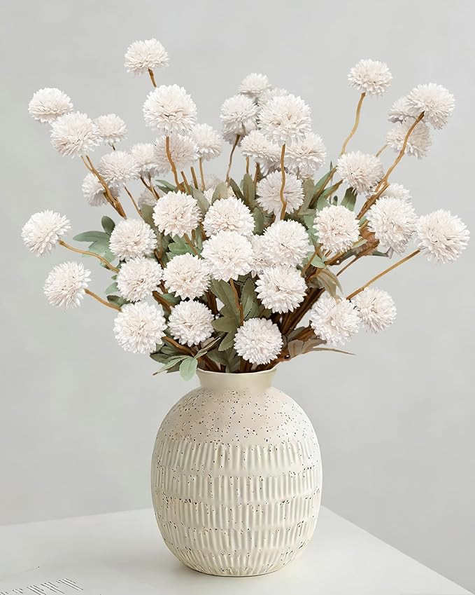 Artificial White Pompon Mum Flowers with Stems for Vase, 8Pcs Fake Kiku Silk Mini Chrysanthemum B... | Amazon (US)