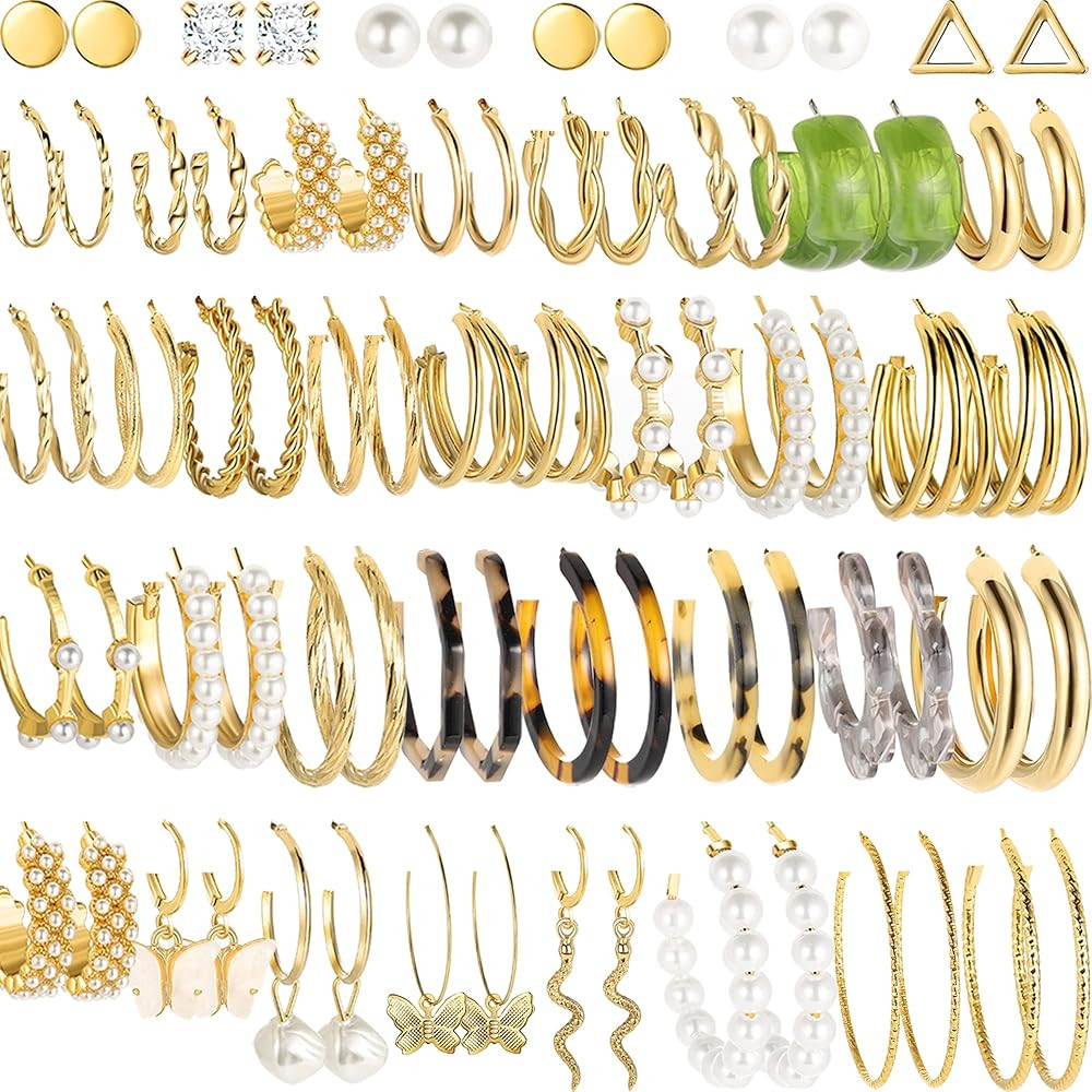 45 Pairs Gold Hoop Earrings for Girls Women, Chunky Twisted Small Big Hoops Earring Packs Set, Ea... | Amazon (US)