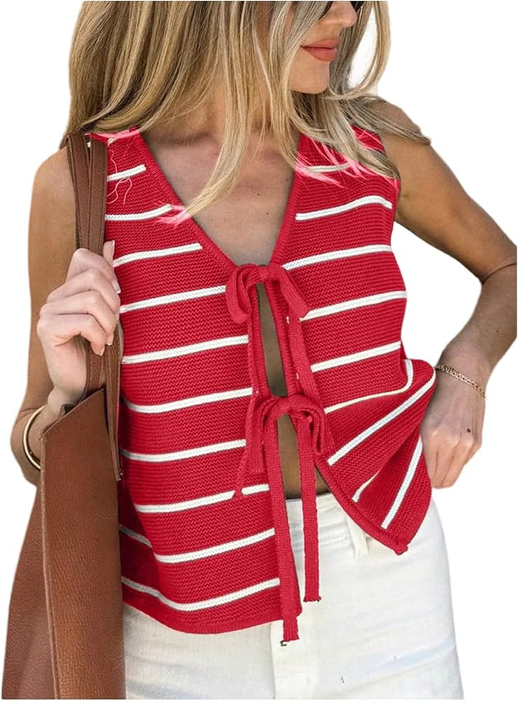 SOLY HUX Women's Sleeveless Striped Sweater Vest V Neck Tie Bow Crochet Knit Tank Tops Casual Loo... | Amazon (US)