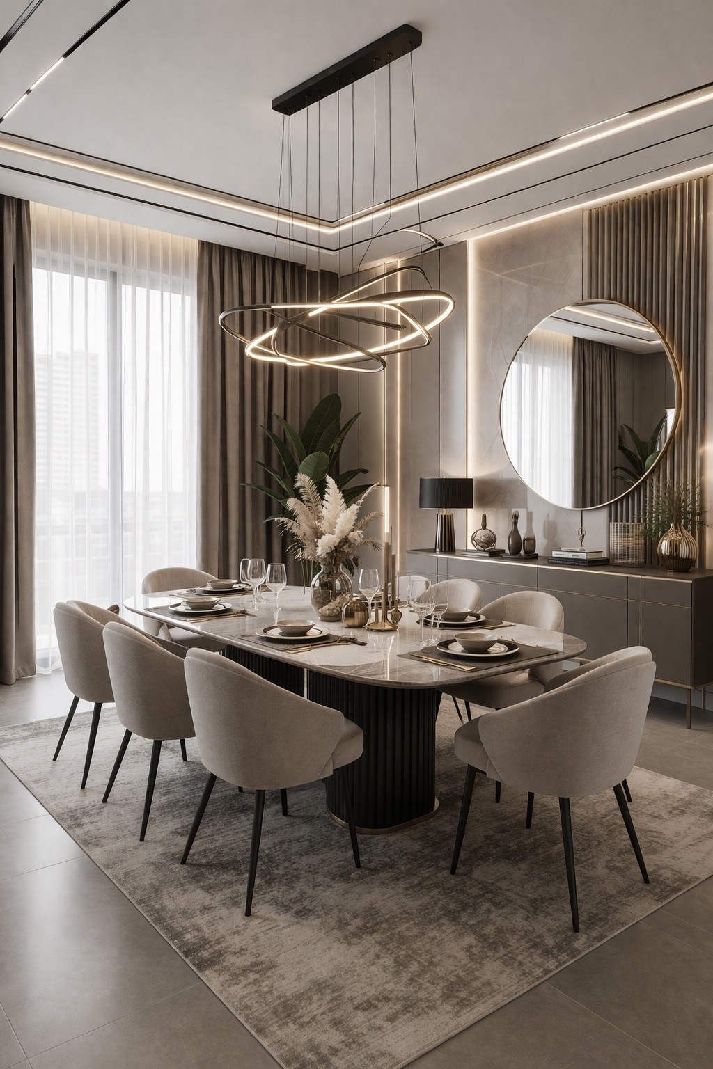 A sleek dining room with sculptural lighting, soft neutral chairs, and an elegant modern glam feel.

#diningroomideas #luxurydiningroom #moderndiningroom #diningroomdecor #elegantinteriors #modernluxury #interiordesign #homedecor #neutralhome #glamhome #statementlighting #diningtabledecor #designerhome #highendinteriors #diningroominspo #homeinspo #designinspo #wayfairhome #ltkhome #ltkdecor #ltkdesign #ltkfinds #ltkit #shopthelook #pinteresthome #luxuryinteriors #sophisticatedstyle #neutraldecor #modernhome #glamdiningroom