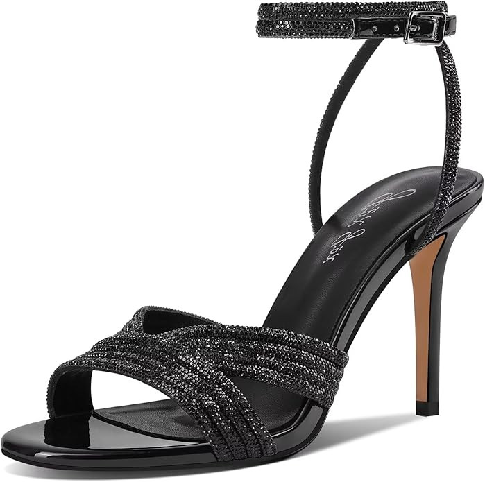 Women's Rhinestone High Heel Sandals Sparkly Stilettos Heeled Ankle Strap Stilettos Round Open To... | Amazon (US)