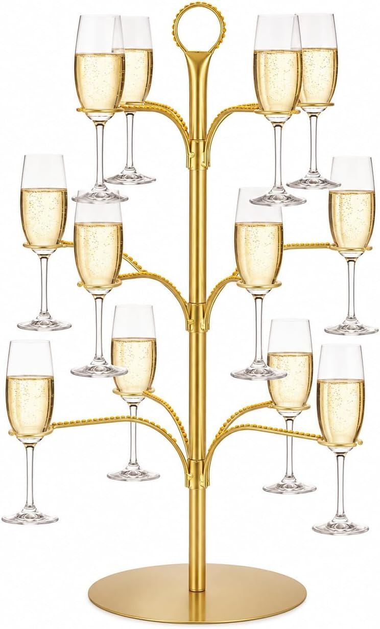 Cocktail Tree Stand for Drinks, 3-Tier Rotating Champagne Tower with 12 Glass Holders, Gold Metal Cocktail Glass Display Stand for Wedding, Birthday Party, Bar and Home | Amazon (US)
