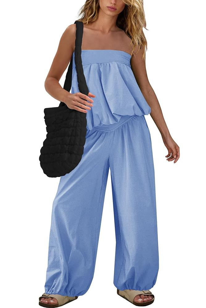 SENSERISE Pants Sets Women 2 Piece Outfits Bubble Off Shoulder Strapless Tube Top Wide Leg Pants ... | Amazon (US)