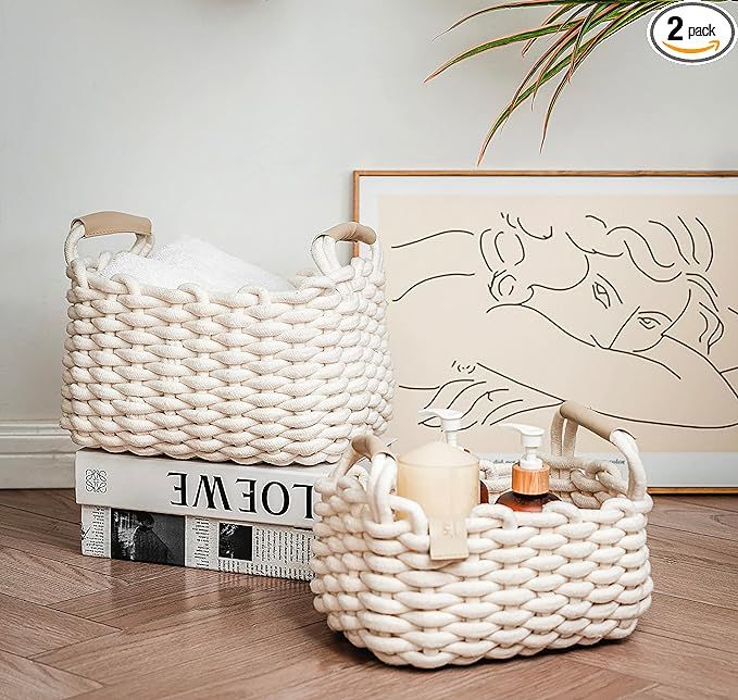 2 Pack nursery basket set, Cotton Rope Foldable Baskets, Hand Woven cube Storage bins for Jewelry... | Amazon (US)