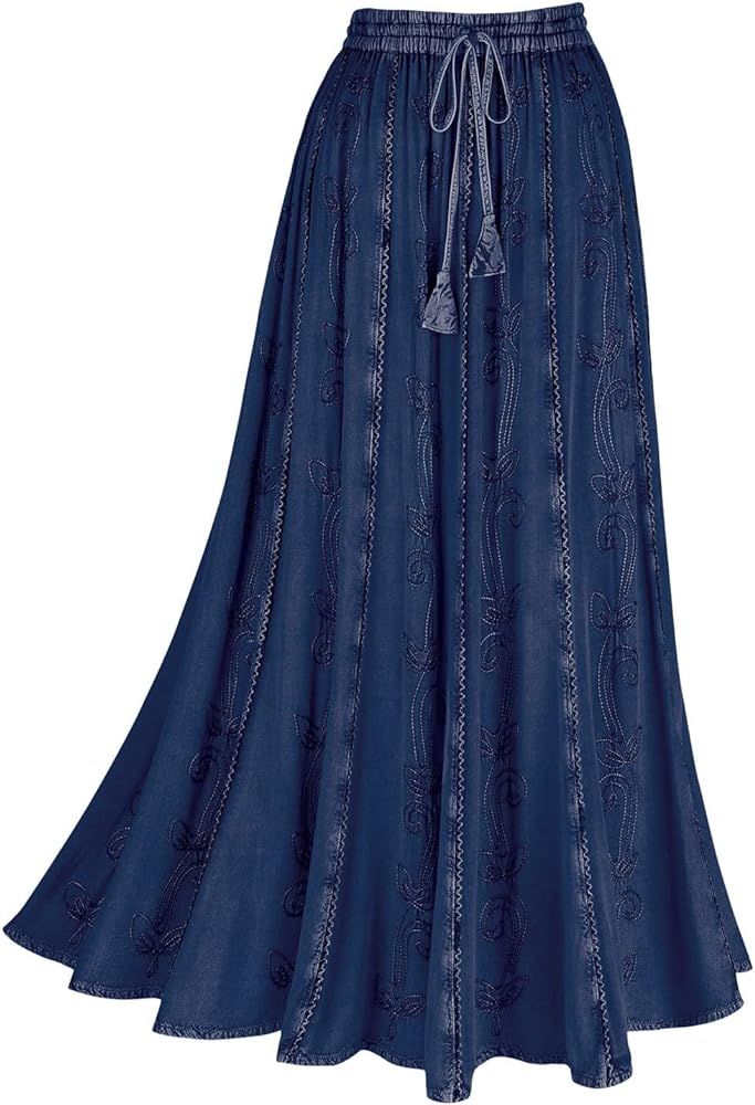 Women's Floral Embroidered Maxi Skirt-Over-Dyed Long Peasant Skirt, Ankle Length | Amazon (US)
