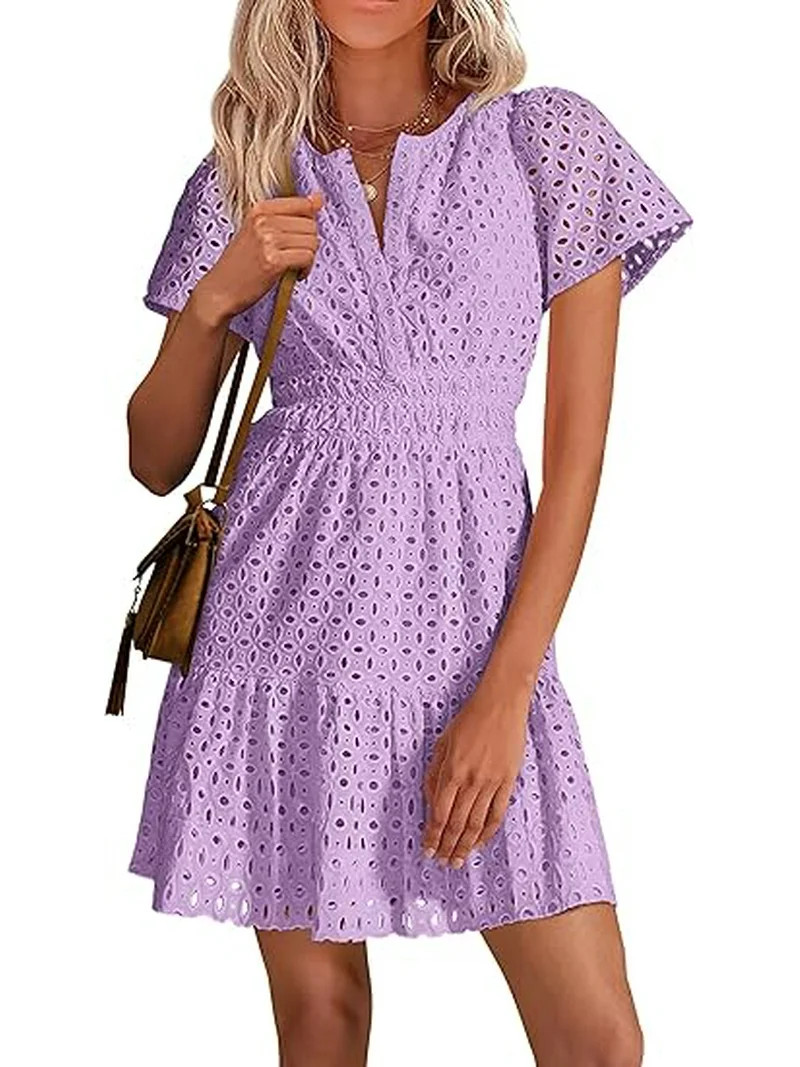 PRETTYGARDEN Womens Summer Short Dress V Neck Short Sleeve A Line Wear To Work Hollow Out Lace Ru... | Walmart (US)