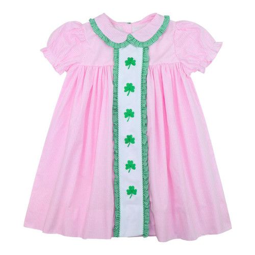 Pink And Green Gingham Embroidered Shamrock Dress | Cecil and Lou