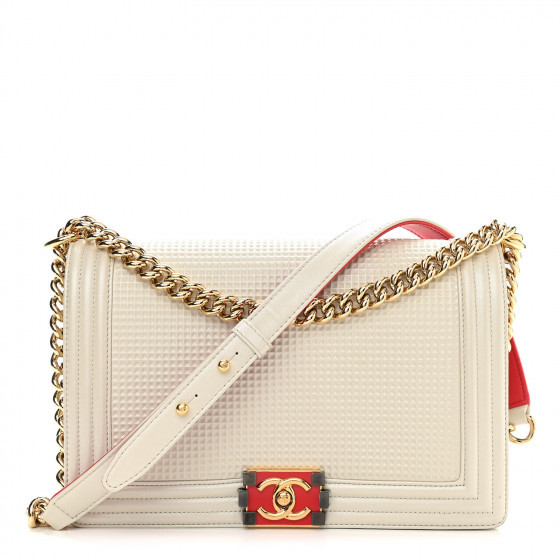 CHANEL Lambskin Embossed New Medium Boy Cube Flap White | Fashionphile