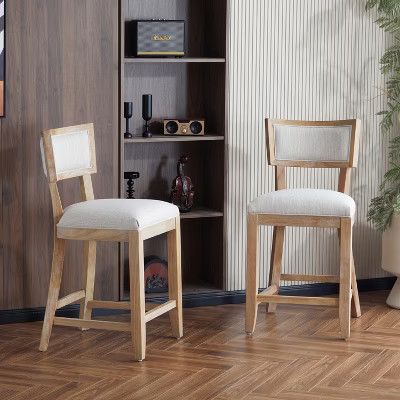 40"H Counter Stools Set of 2, Upholstered Accent Stool Chairs with Backrest, Footrest, Natural -ModernLuxe | Target