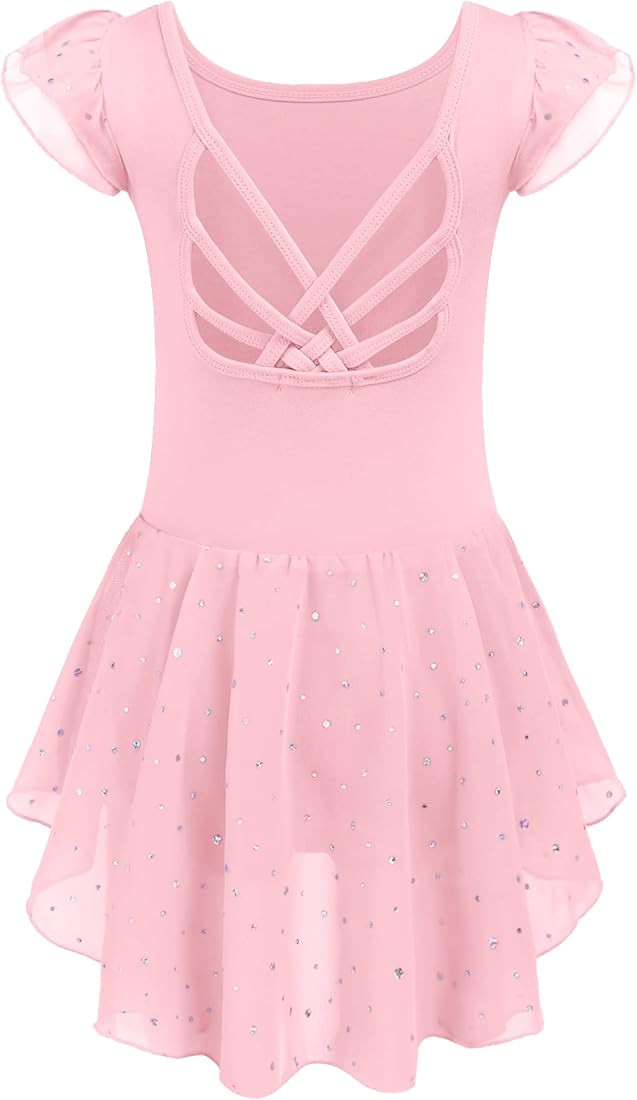 Arshiner Girls Shiny Ruffle Sleeve Ballet Leotard with Skirt Criss-Cross Back Dance Dresses | Amazon (US)