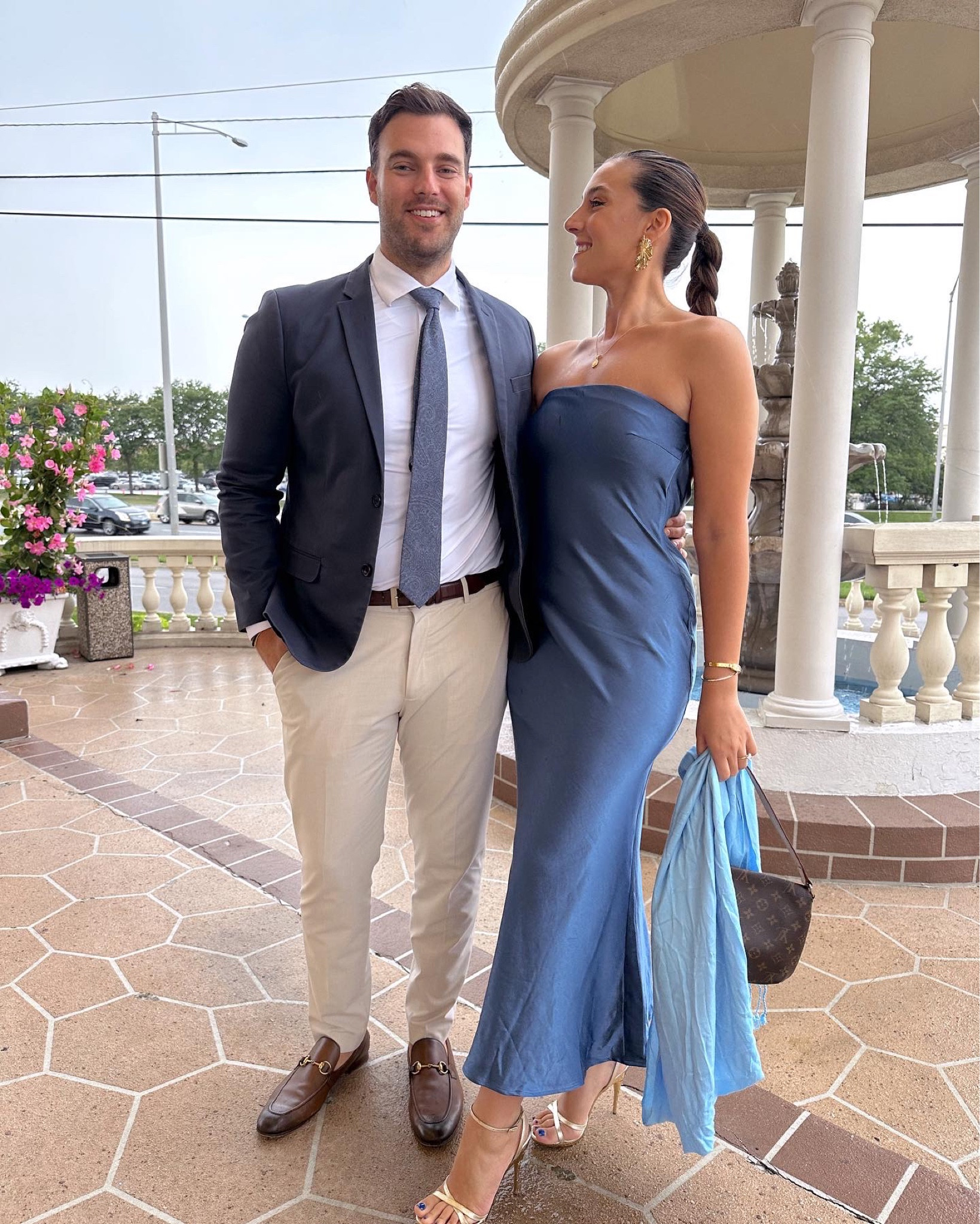 Wedding guest dress & Eric’s shirt & shoes