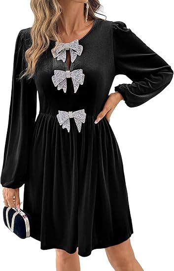 Happy Sailed Womens Velvet Dress Fall Winter Long Sleeve Bowknot High Waisted A Line Cocktail Dre... | Amazon (US)