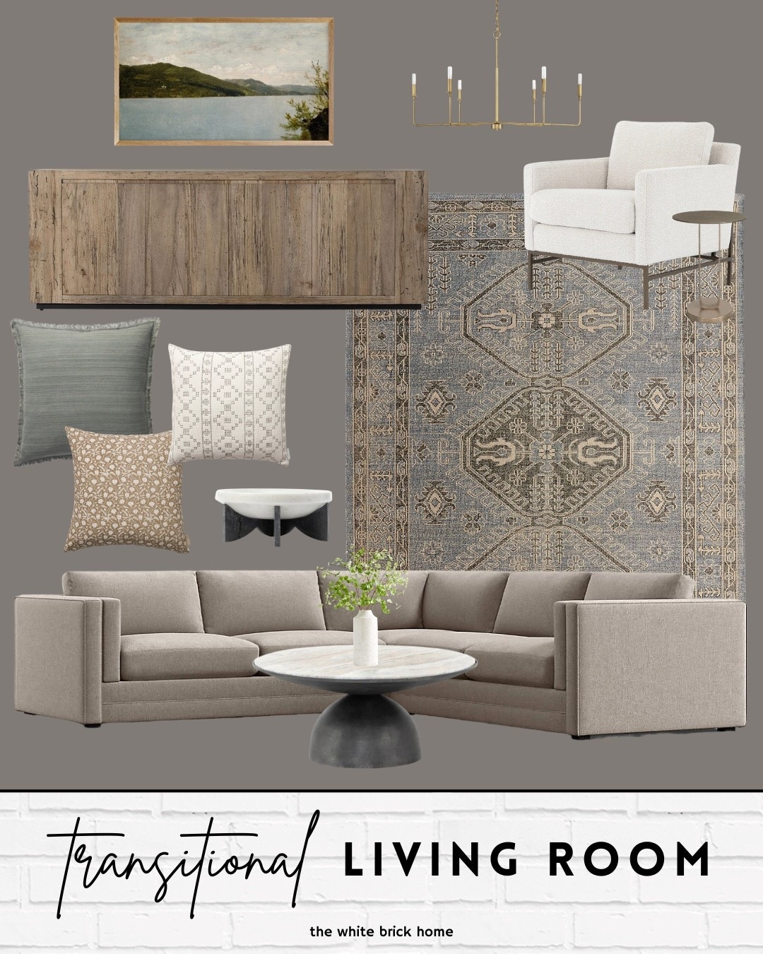 A beautiful transitional living room design! 
🖤🖤

Living room, living room decor, living room ideas, living room rugs, area rug, accent chair, living room chair, coffee table, living room coffee table, faux greenery, throw pillows, wall art, media console, sectional, sofa, couch, living room seating, living room ideas, pottery barn, crate and barrel, Wayfair 

#LTKKids #LTKHome #LTKSeasonal