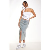 Vintage Mid Wash Split Front Mid Rise Denim Midi Skirt | PrettyLittleThing UK