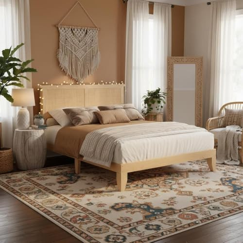 coucheta King Size Rattan Bed Frame,Bohemian Rattan King Bed Frame with Natural Headboard, LED Li... | Amazon (US)